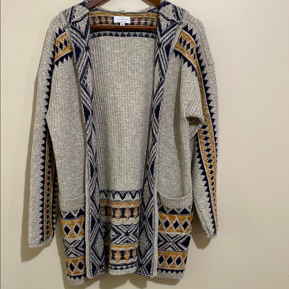 NWOT Lucky Brand Tan Gold Black Geometric Cardigan Size Large
